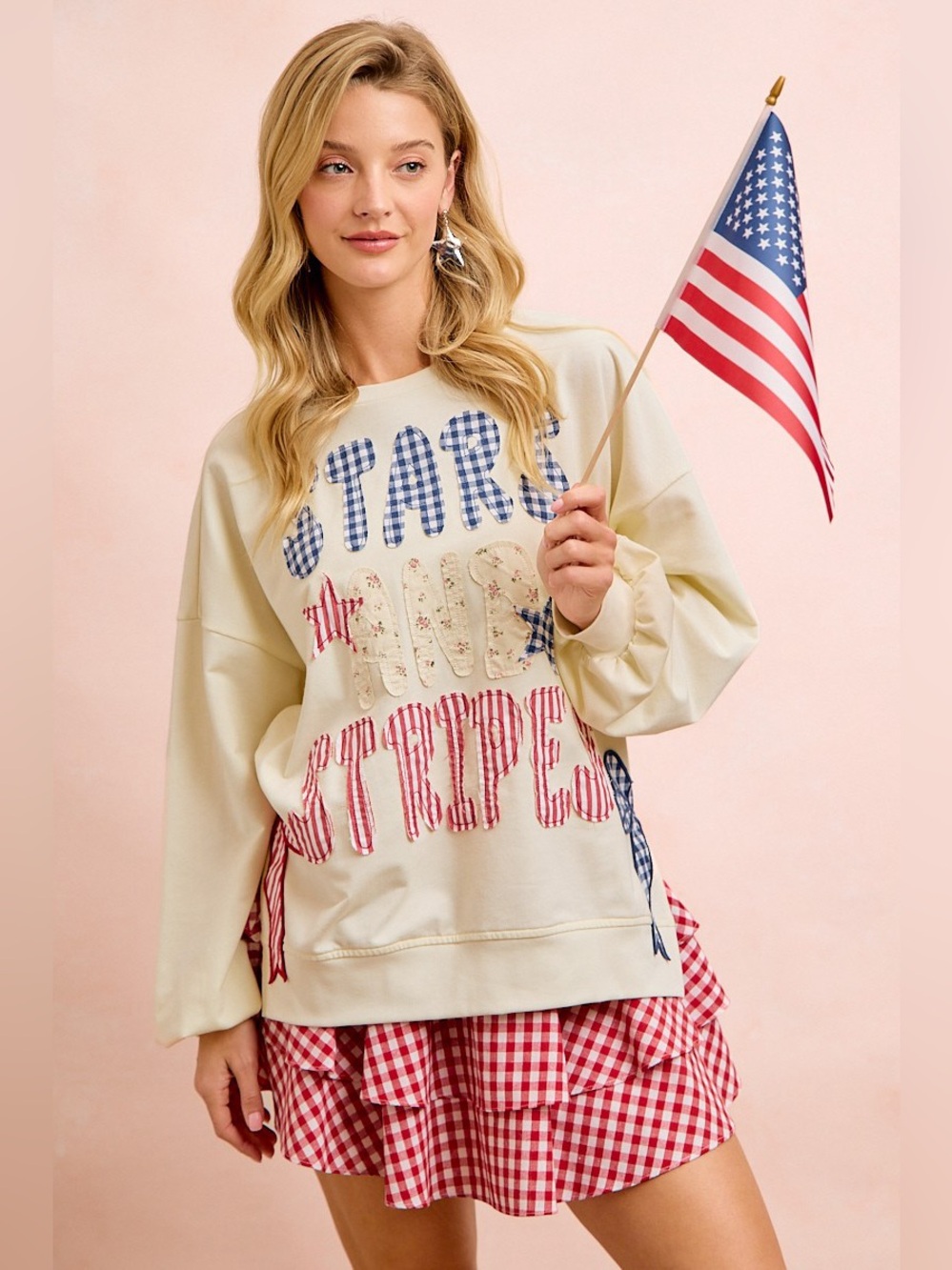 BiBi 4th Of July Stars And Stripes Patches Sweatshirt - Picture 7 of 16